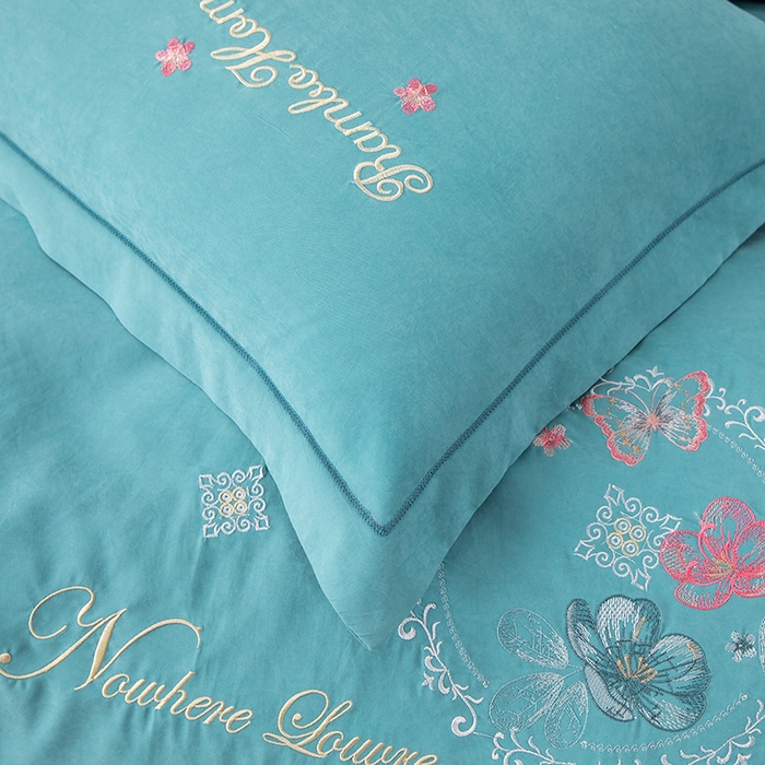 91家纺网 家纺一手货源 找家纺 优姿家纺 2024新款锦棉绣花四件套吊边床单一字绣枕套套件-锦绣花园 锦绣花园-浅绿