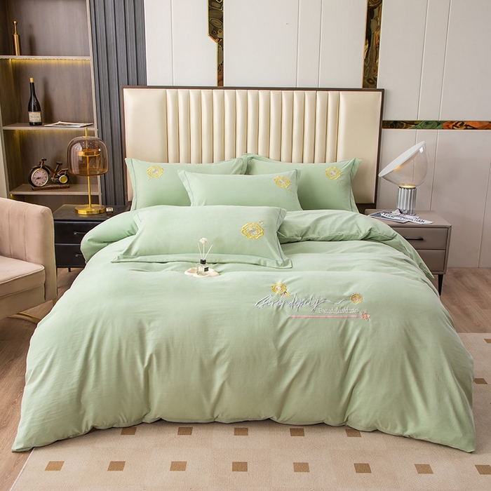91家纺网 家纺一手货源 找家纺 优姿家纺 2024新款锦棉绣花四件套吊边床单一字绣枕套套件-雅韵 雅韵-翠绿