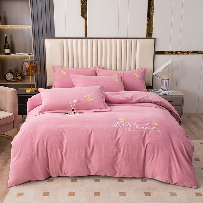 91家纺网 家纺一手货源 找家纺 优姿家纺 2024新款锦棉绣花四件套吊边床单一字绣枕套套件-雅韵 雅韵-豆沙