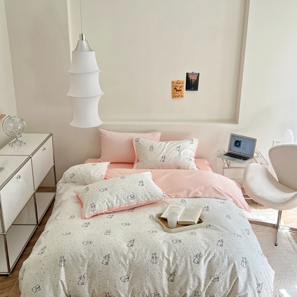 蕊姿 50sA类数码印花四件套 彩点小兔 粉色