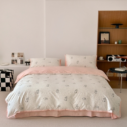 91家纺网 家纺一手货源 找家纺 蕊姿 50sA类数码印花四件套 彩点小兔粉色