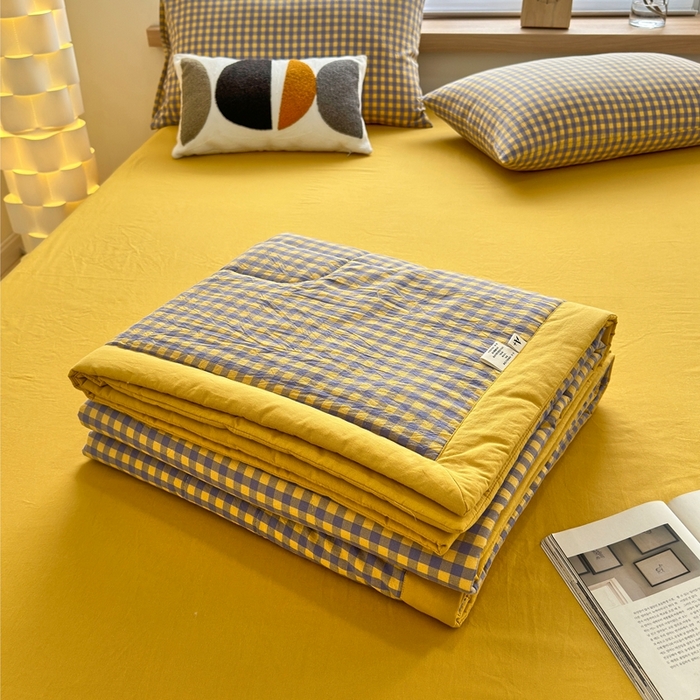 91家纺网 家纺一手货源 找家纺 三沁 2024新款春夏全棉色织水洗棉大豆夏被四件套 SM-紫黄小格