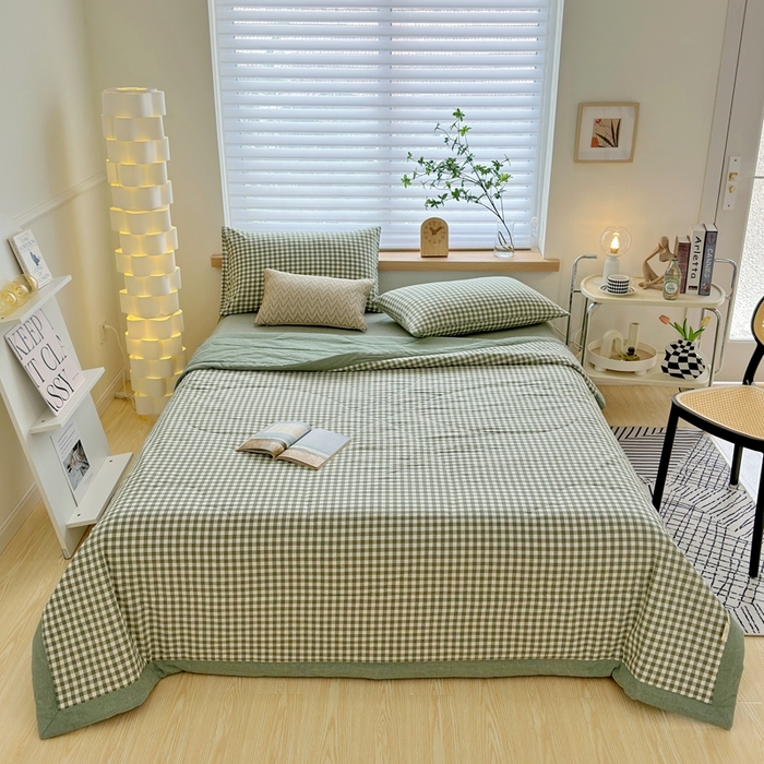 91家纺网 家纺一手货源 找家纺 三沁 2024新款春夏全棉色织水洗棉大豆夏被四件套 SM-绿小格