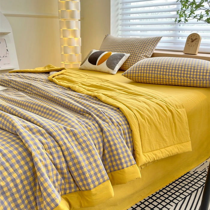 91家纺网 家纺一手货源 找家纺 三沁 2024新款春夏全棉色织水洗棉大豆夏被四件套 SM-紫黄小格