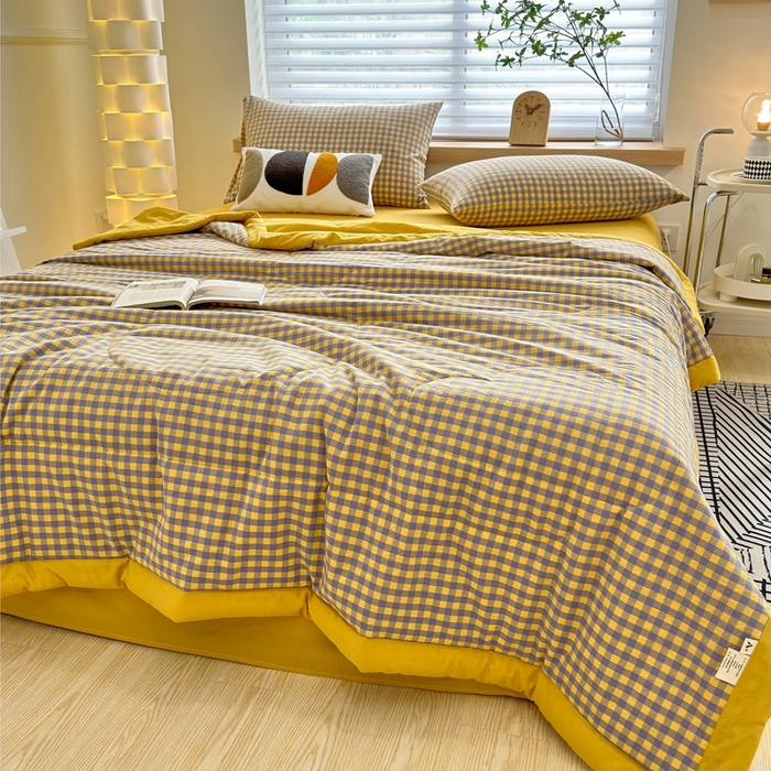 91家纺网 家纺一手货源 找家纺 三沁 2024新款春夏全棉色织水洗棉大豆夏被四件套 SM-紫黄小格