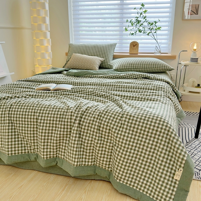 91家纺网 家纺一手货源 找家纺 三沁 2024新款春夏全棉色织水洗棉大豆夏被四件套 SM-绿小格