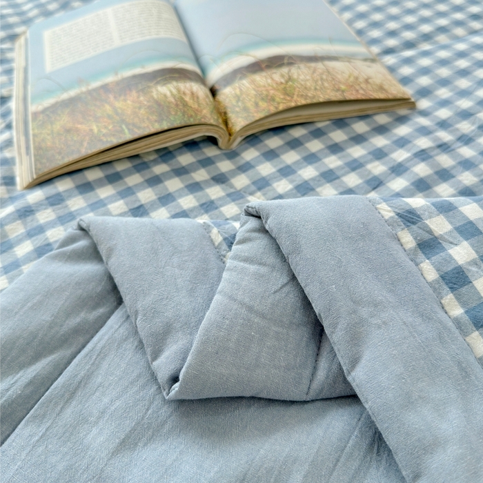 91家纺网 家纺一手货源 找家纺 三沁 2024新款春夏全棉色织水洗棉大豆夏被四件套 SM-蓝小格