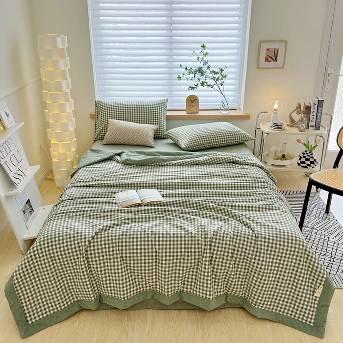 91家纺网 家纺一手货源 找家纺 三沁 2024新款春夏全棉色织水洗棉大豆夏被四件套 SM-绿小格