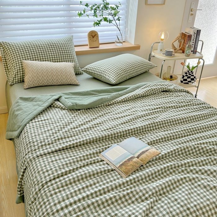 91家纺网 家纺一手货源 找家纺 三沁 2024新款春夏全棉色织水洗棉大豆夏被四件套 SM-绿小格