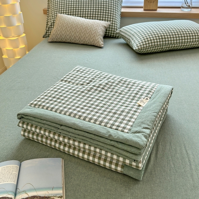 91家纺网 家纺一手货源 找家纺 三沁 2024新款春夏全棉色织水洗棉大豆夏被四件套 SM-绿小格