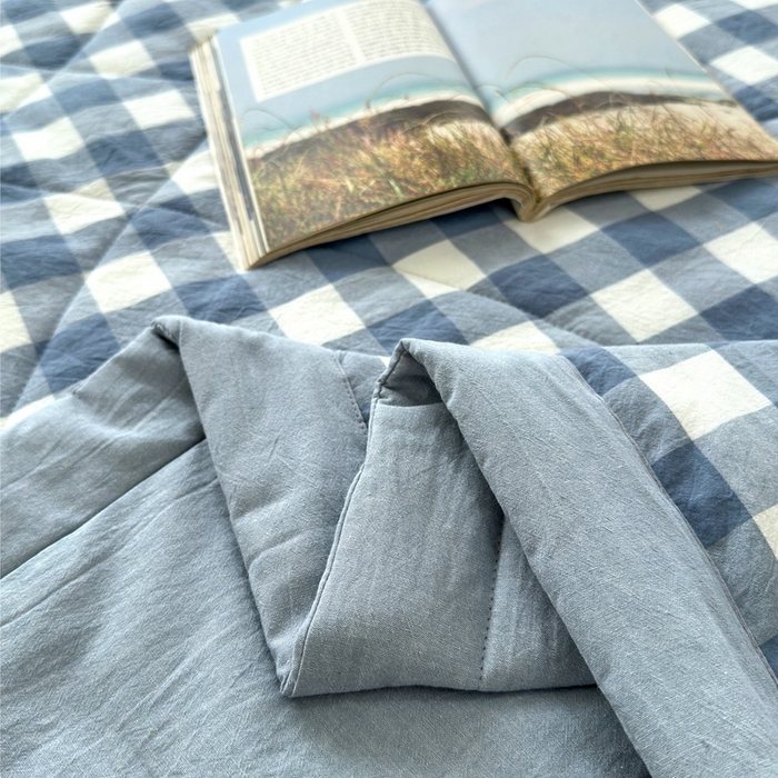 91家纺网 家纺一手货源 找家纺 三沁 2024新款春夏全棉色织水洗棉大豆夏被四件套 SM-蓝白中格