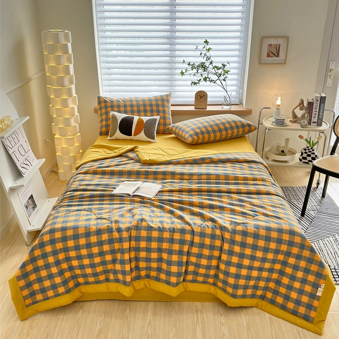 91家纺网 家纺一手货源 找家纺 三沁 2024新款春夏全棉色织水洗棉大豆夏被四件套 SM-蓝黄中格