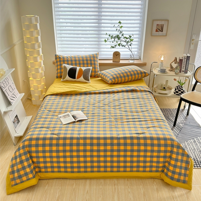 91家纺网 家纺一手货源 找家纺 三沁 2024新款春夏全棉色织水洗棉大豆夏被四件套 SM-蓝黄中格