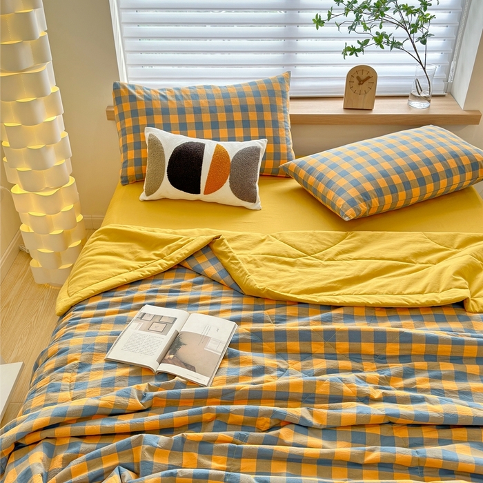 91家纺网 家纺一手货源 找家纺 三沁 2024新款春夏全棉色织水洗棉大豆夏被四件套 SM-蓝黄中格