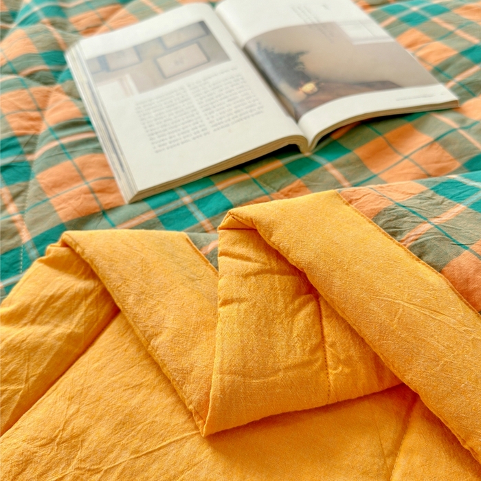 91家纺网 家纺一手货源 找家纺 三沁 2024新款春夏全棉色织水洗棉大豆夏被四件套 SM-青橙