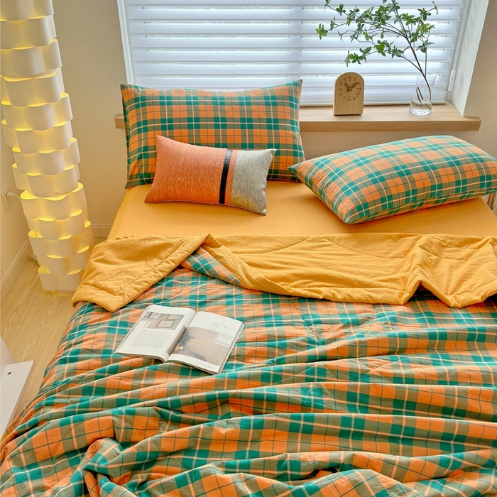 91家纺网 家纺一手货源 找家纺 三沁 2024新款春夏全棉色织水洗棉大豆夏被四件套 SM-青橙