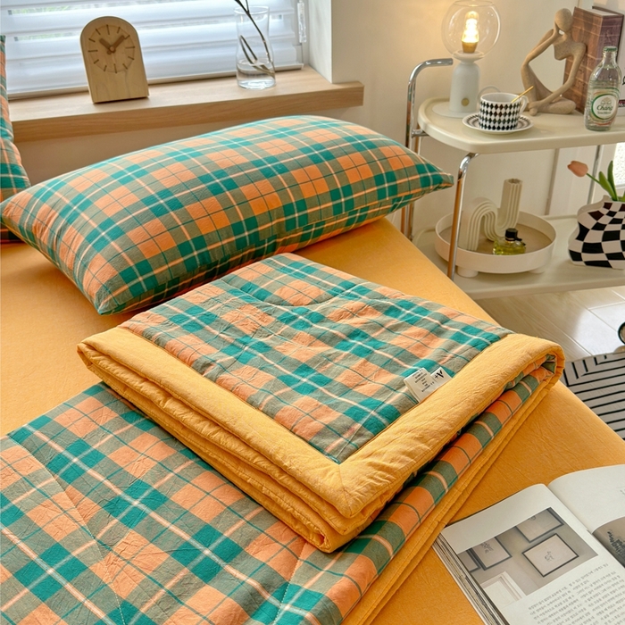 91家纺网 家纺一手货源 找家纺 三沁 2024新款春夏全棉色织水洗棉大豆夏被四件套 SM-青橙