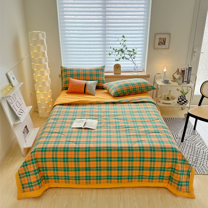 91家纺网 家纺一手货源 找家纺 三沁 2024新款春夏全棉色织水洗棉大豆夏被四件套 SM-青橙