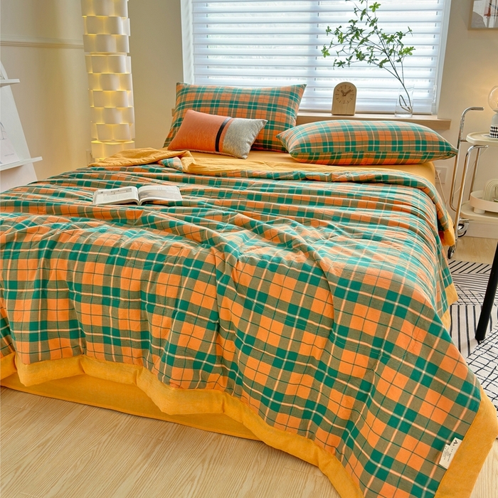 91家纺网 家纺一手货源 找家纺 三沁 2024新款春夏全棉色织水洗棉大豆夏被四件套 SM-青橙