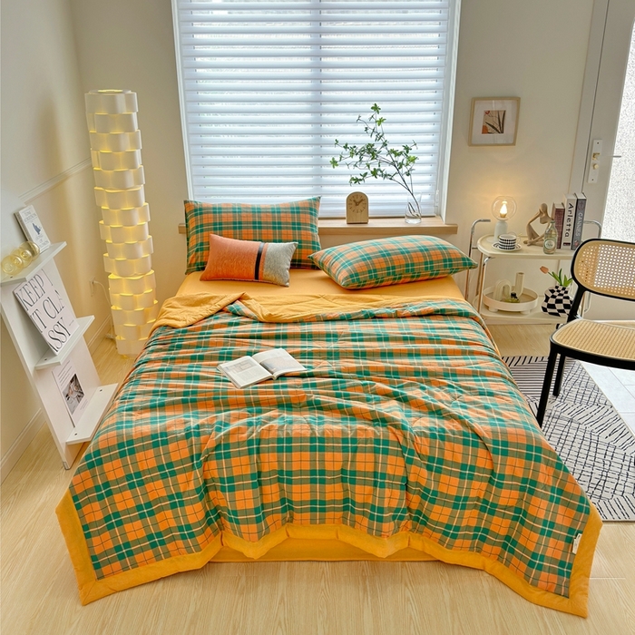 91家纺网 家纺一手货源 找家纺 三沁 2024新款春夏全棉色织水洗棉大豆夏被四件套 SM-青橙