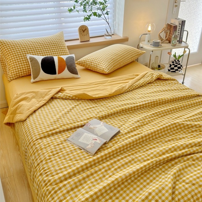 91家纺网 家纺一手货源 找家纺 三沁 2024新款春夏全棉色织水洗棉大豆夏被四件套 SM-黄小格