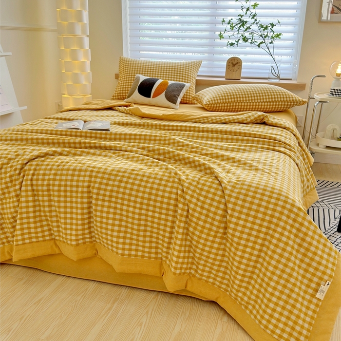 91家纺网 家纺一手货源 找家纺 三沁 2024新款春夏全棉色织水洗棉大豆夏被四件套 SM-黄小格