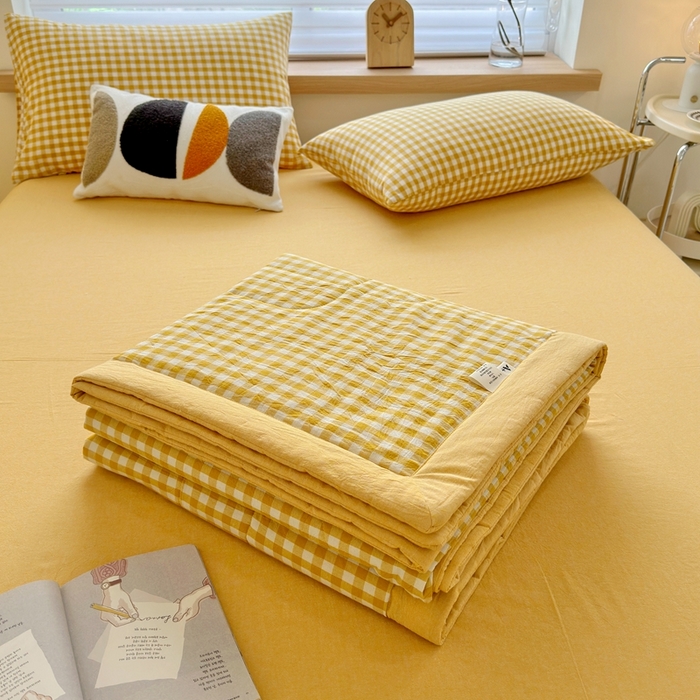 91家纺网 家纺一手货源 找家纺 三沁 2024新款春夏全棉色织水洗棉大豆夏被四件套 SM-黄小格