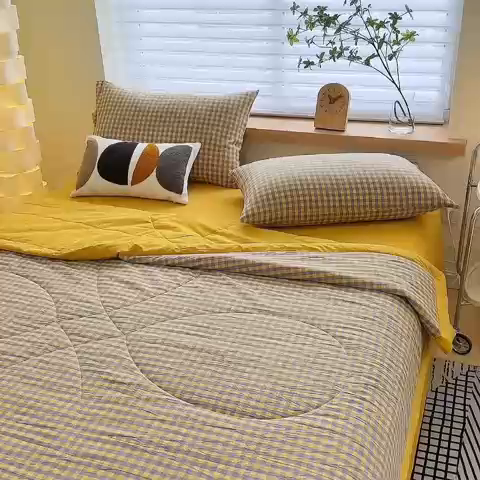 91家纺网 家纺一手货源 找家纺 三沁 2024新款春夏全棉色织水洗棉大豆夏被四件套 SM-紫黄小格