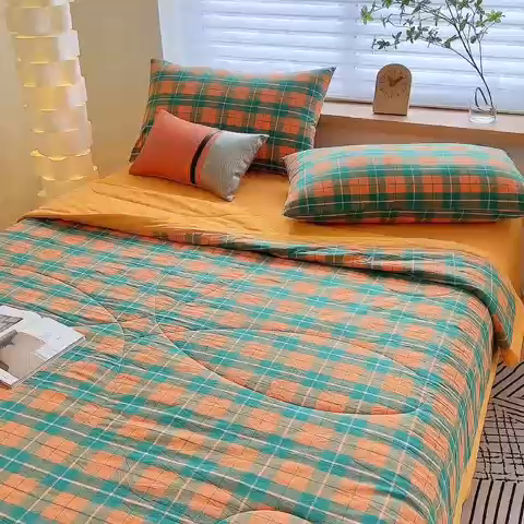 91家纺网 家纺一手货源 找家纺 三沁 2024新款春夏全棉色织水洗棉大豆夏被四件套 SM-青橙