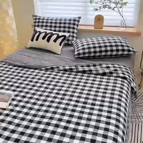 91家纺网 家纺一手货源 找家纺 三沁 2024新款春夏全棉色织水洗棉大豆夏被四件套 SM-黑白中格