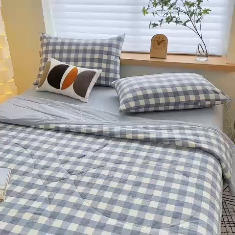 91家纺网 家纺一手货源 找家纺 三沁 2024新款春夏全棉色织水洗棉大豆夏被四件套 SM-蓝白中格