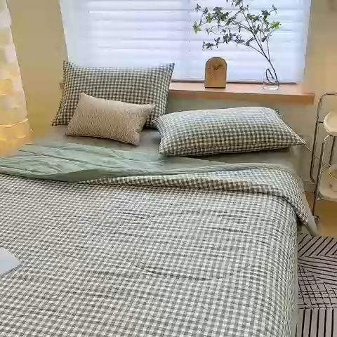91家纺网 家纺一手货源 找家纺 三沁 2024新款春夏全棉色织水洗棉大豆夏被四件套 SM-绿小格