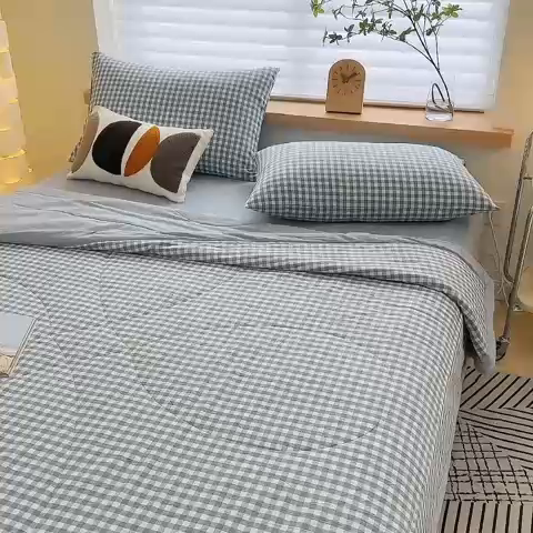 91家纺网 家纺一手货源 找家纺 三沁 2024新款春夏全棉色织水洗棉大豆夏被四件套 SM-蓝小格