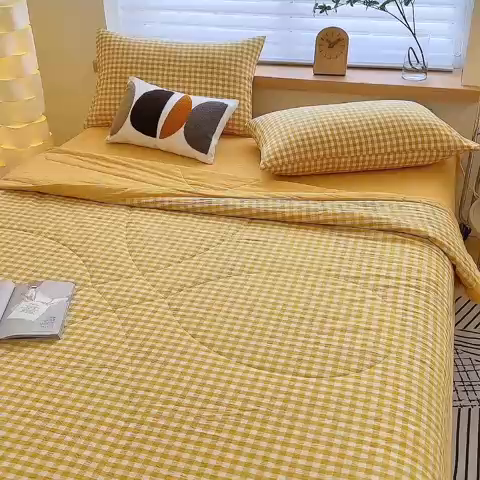 91家纺网 家纺一手货源 找家纺 三沁 2024新款春夏全棉色织水洗棉大豆夏被四件套 SM-黄小格