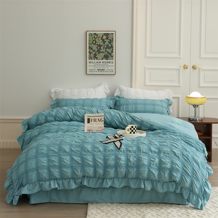 91家纺网 家纺一手货源 找家纺 仟网汇2023新款韩版方格泡泡纱四件套 本白