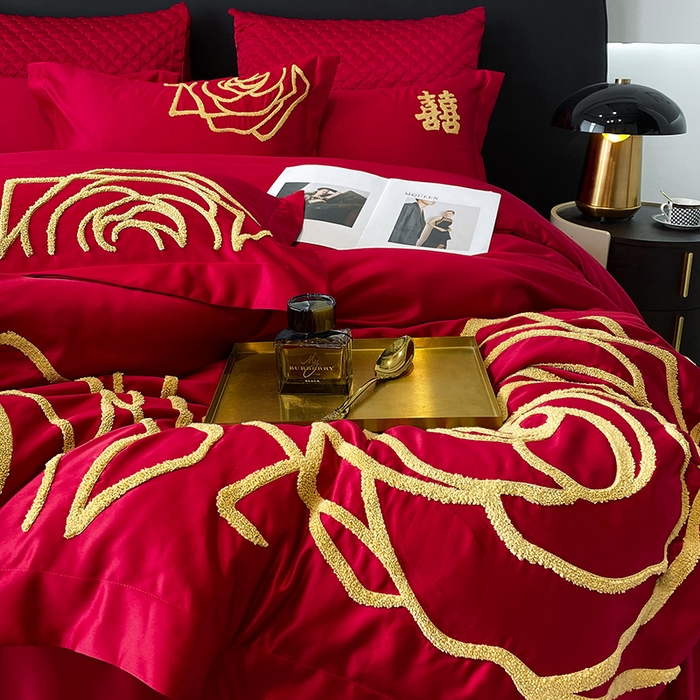 91家纺网 家纺一手货源 找家纺 优悦 2023新款轻奢磨毛婚庆毛巾绣四件套 玫瑰花语