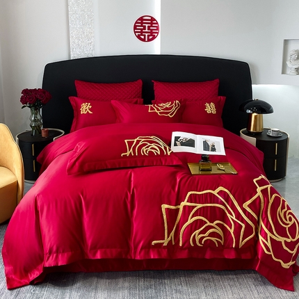 优悦 2023新款轻奢磨毛婚庆毛巾绣四件套 玫瑰花语