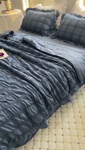 91家纺网 家纺一手货源 找家纺 仟网汇2023新款韩版方格泡泡纱夏被四件套 蔚蓝