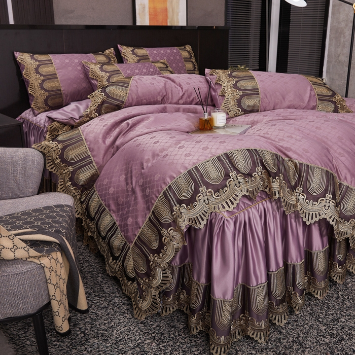 91家纺网 家纺一手货源 找家纺 恋尚 2023新款床裙款提花四件套 玫瑰紫