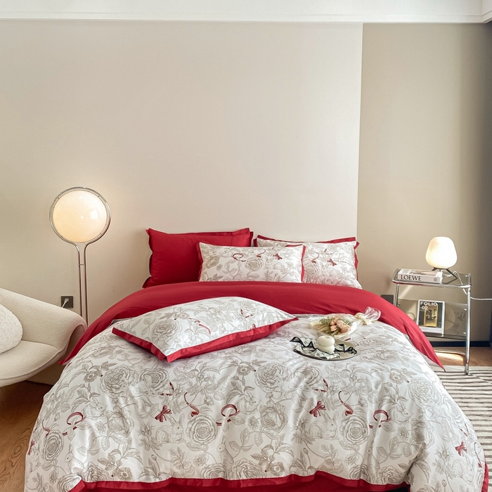 91家纺网 家纺一手货源 找家纺 （总）秀色 2025新款50支贡缎长绒棉床上四件套数码印花被套轻奢高级感床品 初春日-西瓜红