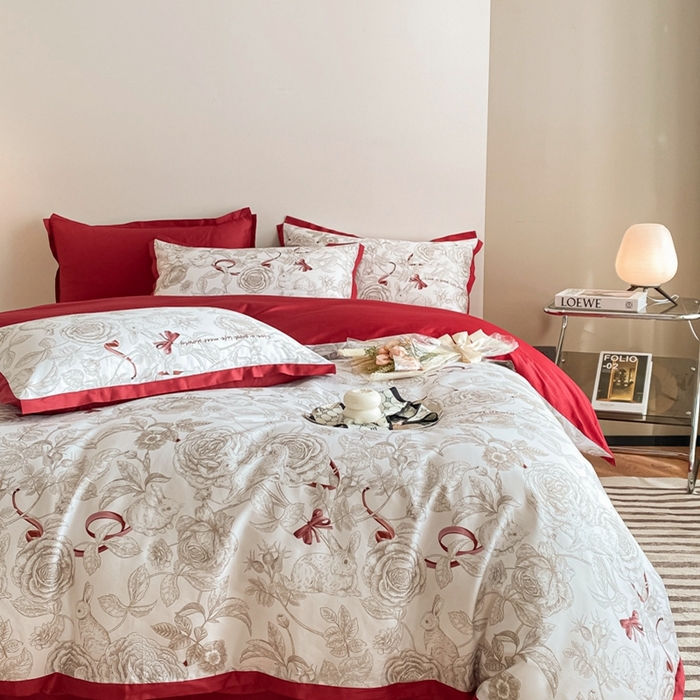 91家纺网 家纺一手货源 找家纺 （总）秀色 2025新款50支贡缎长绒棉床上四件套数码印花被套轻奢高级感床品 初春日-西瓜红