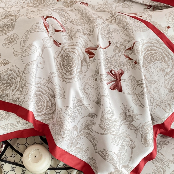 91家纺网 家纺一手货源 找家纺 （总）秀色 2025新款50支贡缎长绒棉床上四件套数码印花被套轻奢高级感床品 初春日-西瓜红