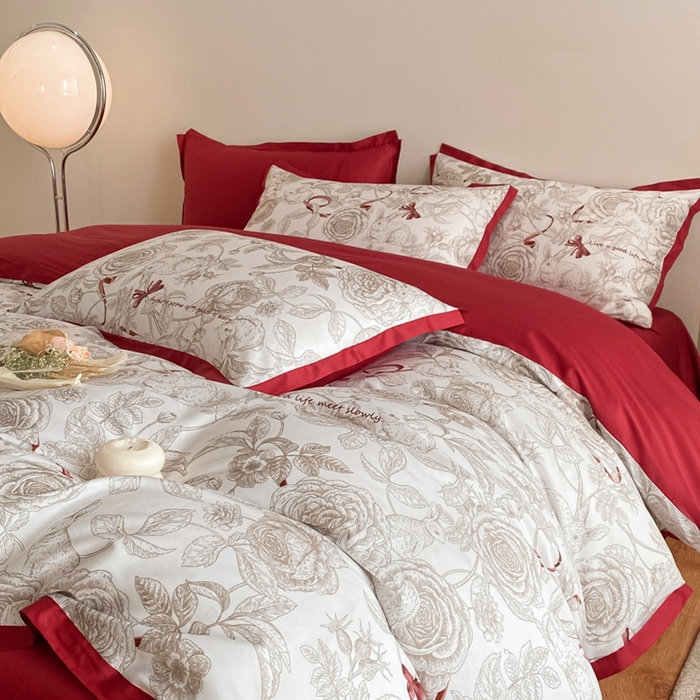 91家纺网 家纺一手货源 找家纺 （总）秀色 2025新款50支贡缎长绒棉床上四件套数码印花被套轻奢高级感床品 初春日-西瓜红