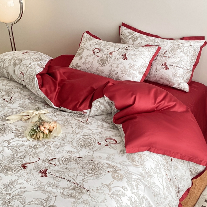 91家纺网 家纺一手货源 找家纺 （总）秀色 2025新款50支贡缎长绒棉床上四件套数码印花被套轻奢高级感床品 初春日-西瓜红
