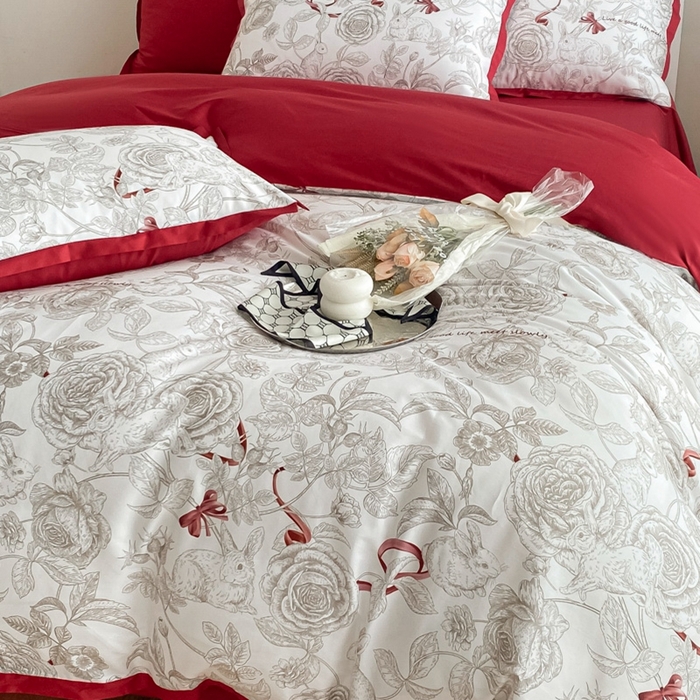 91家纺网 家纺一手货源 找家纺 （总）秀色 2025新款50支贡缎长绒棉床上四件套数码印花被套轻奢高级感床品 初春日-西瓜红
