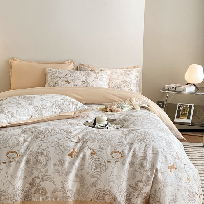 91家纺网 家纺一手货源 找家纺 （总）秀色 2025新款50支贡缎长绒棉床上四件套数码印花被套轻奢高级感床品 初春日-香槟金