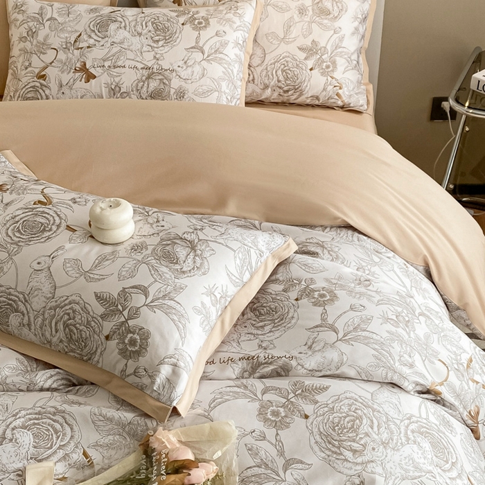 91家纺网 家纺一手货源 找家纺 （总）秀色 2025新款50支贡缎长绒棉床上四件套数码印花被套轻奢高级感床品 初春日-香槟金