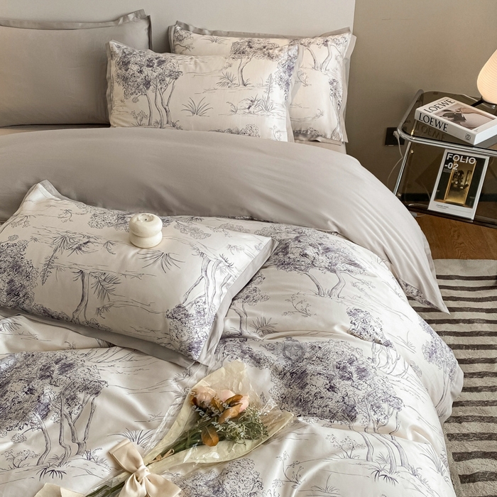 91家纺网 家纺一手货源 找家纺 （总）秀色 2025新款50支贡缎长绒棉床上四件套数码印花被套轻奢高级感床品 椿野-纽约灰