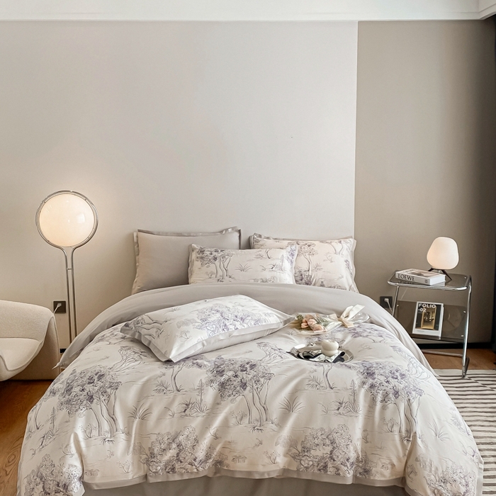 91家纺网 家纺一手货源 找家纺 （总）秀色 2025新款50支贡缎长绒棉床上四件套数码印花被套轻奢高级感床品 椿野-纽约灰