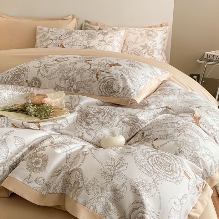 91家纺网 家纺一手货源 找家纺 （总）秀色 2025新款50支贡缎长绒棉床上四件套数码印花被套轻奢高级感床品 初春日-香槟金